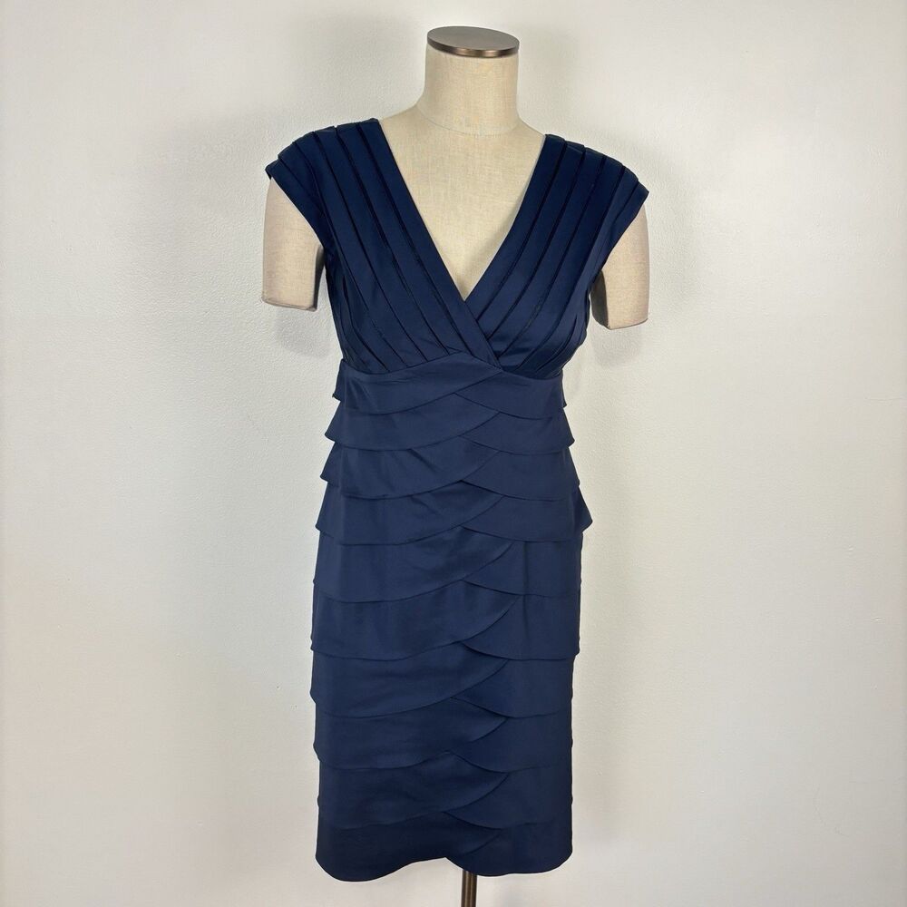 Adrianna Papell Sheath Dress Size 8 Navy Blue Tiered Cocktail Wedding Formal